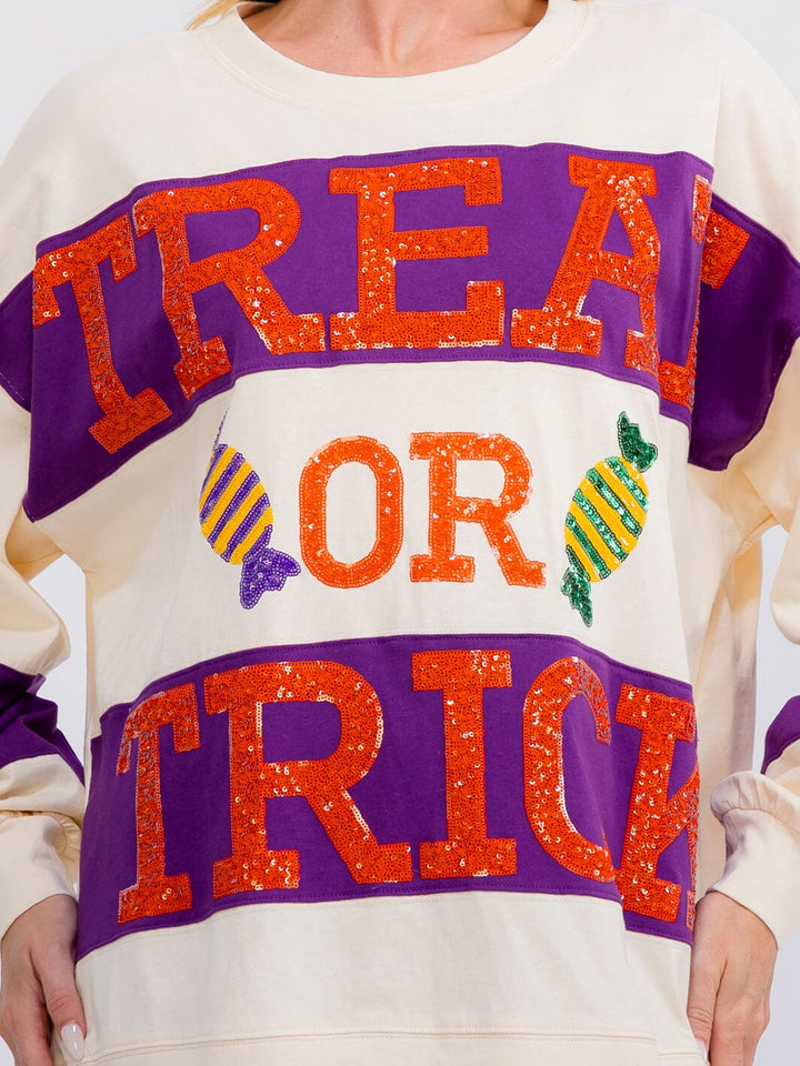 WOMEN'S LONG SLEEVE SEQUINS TREAT OR TRICK PULLOVER SWEATER