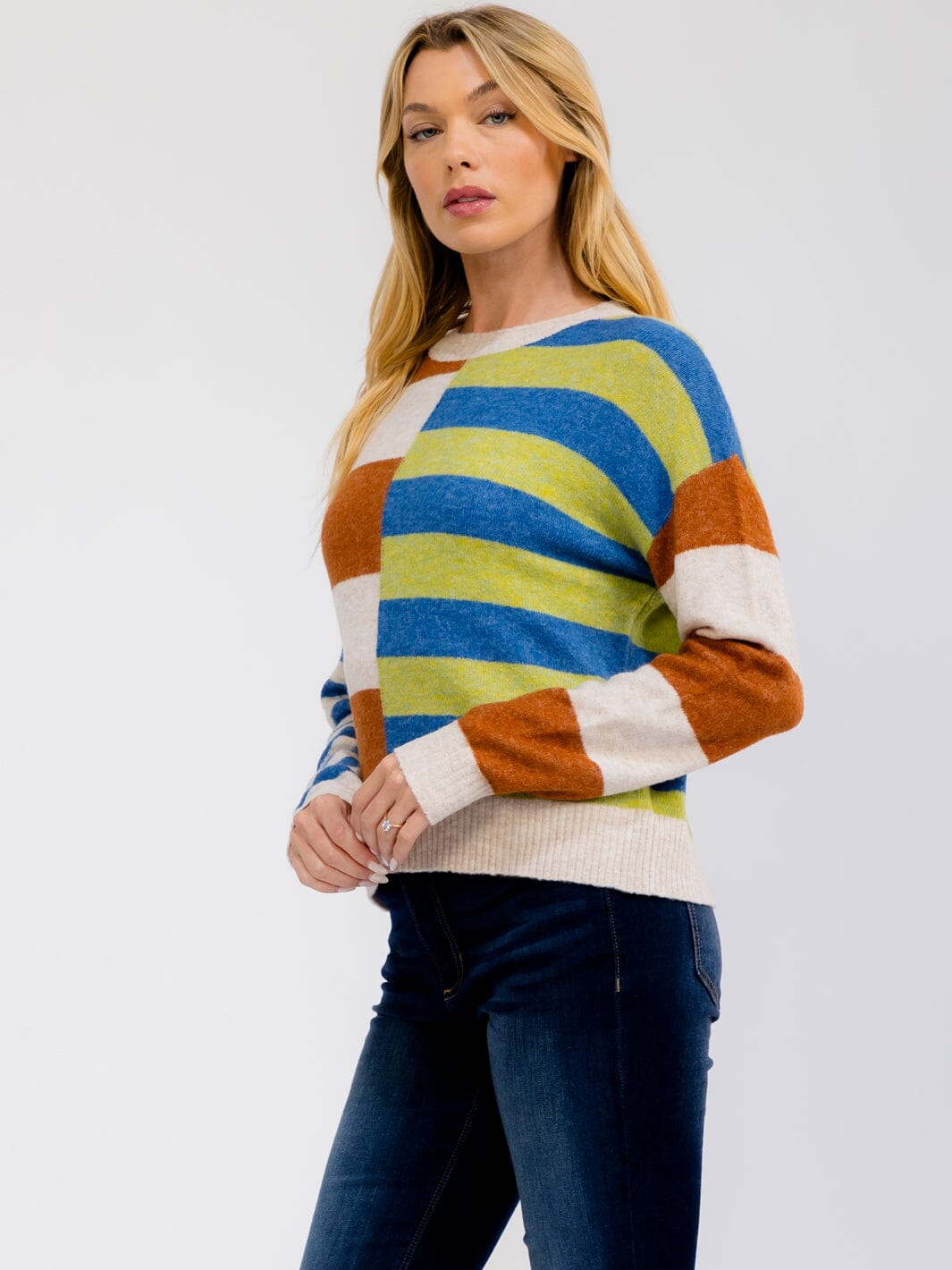 WOMEN'S LONG SLEEVE COLORBLOCK STRIPES PULLOVER SWEATER