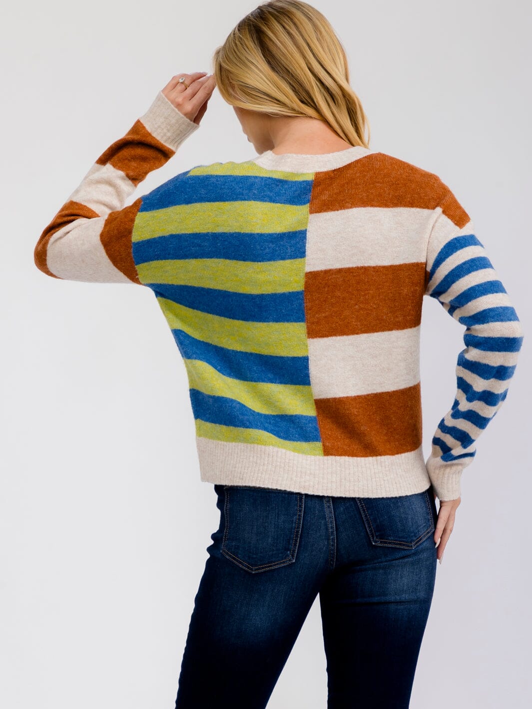 WOMEN'S LONG SLEEVE COLORBLOCK STRIPES PULLOVER SWEATER