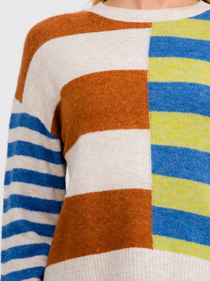 WOMEN'S LONG SLEEVE COLORBLOCK STRIPES PULLOVER SWEATER