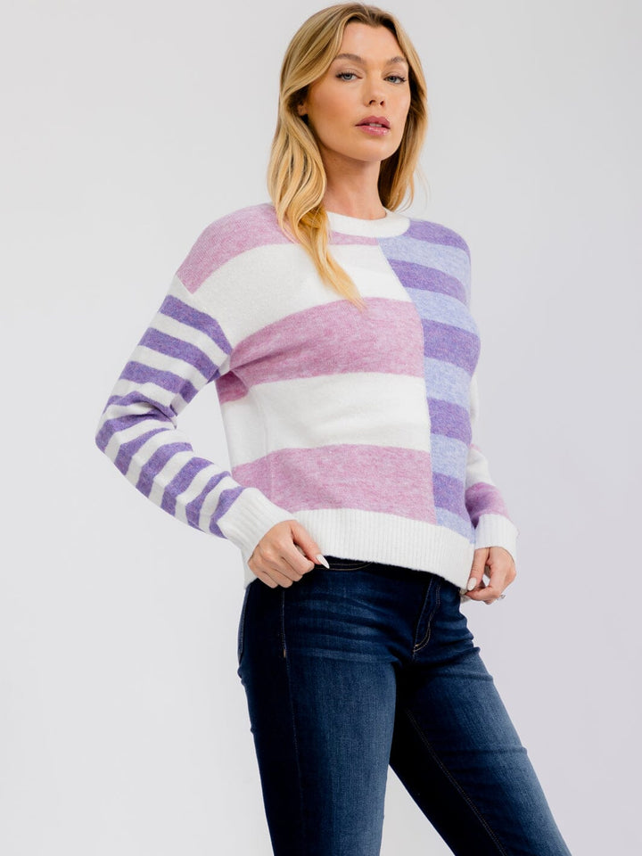 WOMEN'S LONG SLEEVE COLORBLOCK STRIPES PULLOVER SWEATER