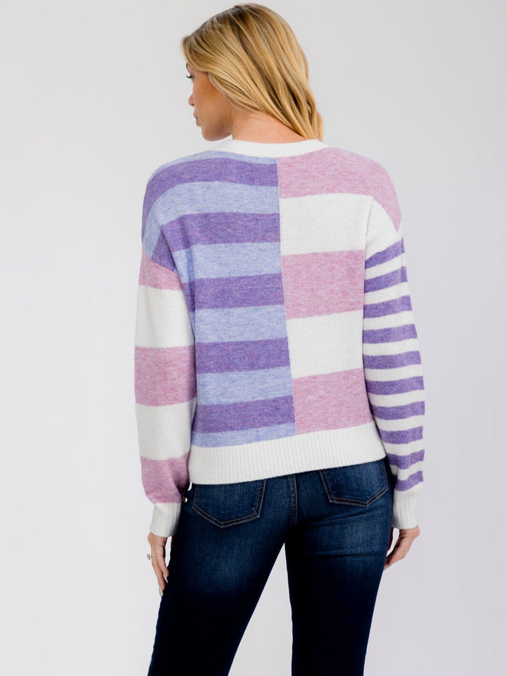 WOMEN'S LONG SLEEVE COLORBLOCK STRIPES PULLOVER SWEATER