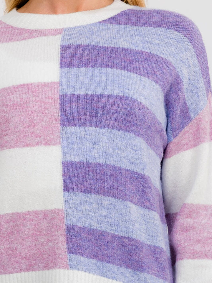WOMEN'S LONG SLEEVE COLORBLOCK STRIPES PULLOVER SWEATER