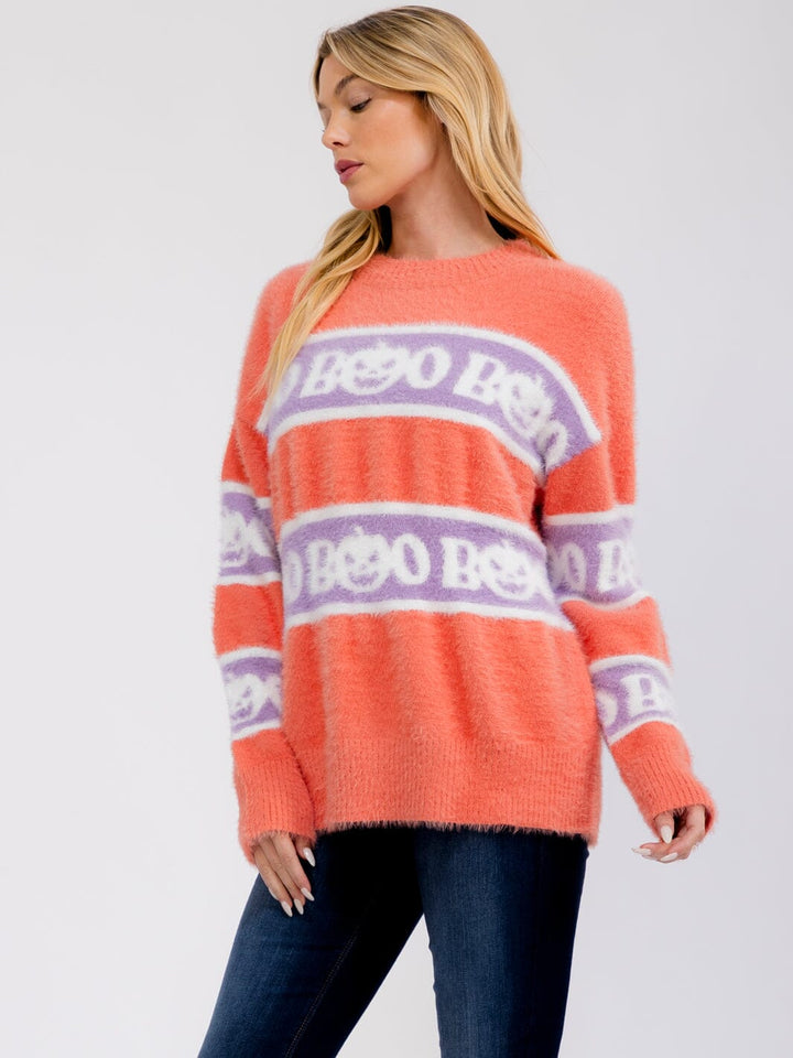 WOMEN'S LONG SLEEVE BOO FUZZY PULLOVER SWEATER