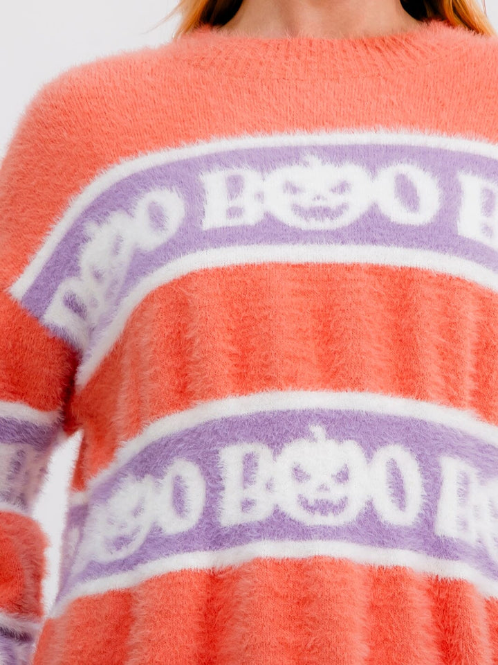 WOMEN'S LONG SLEEVE BOO FUZZY PULLOVER SWEATER