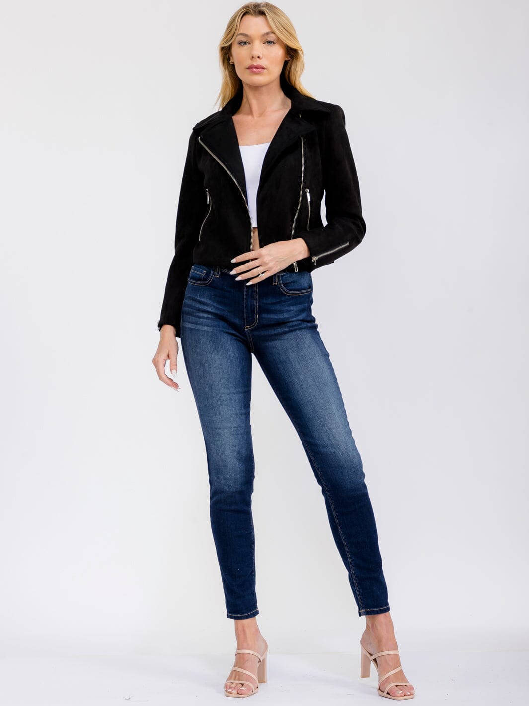 WOMEN'S LONG SLEEVE ZIP UP FRONT POCKETS SUEDE JACKET