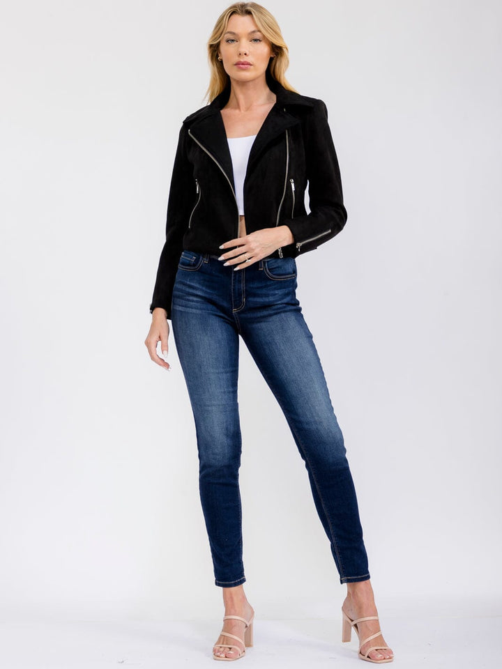 WOMEN'S LONG SLEEVE ZIP UP FRONT POCKETS SUEDE JACKET
