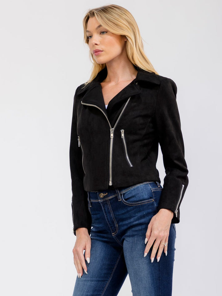 WOMEN'S LONG SLEEVE ZIP UP FRONT POCKETS SUEDE JACKET