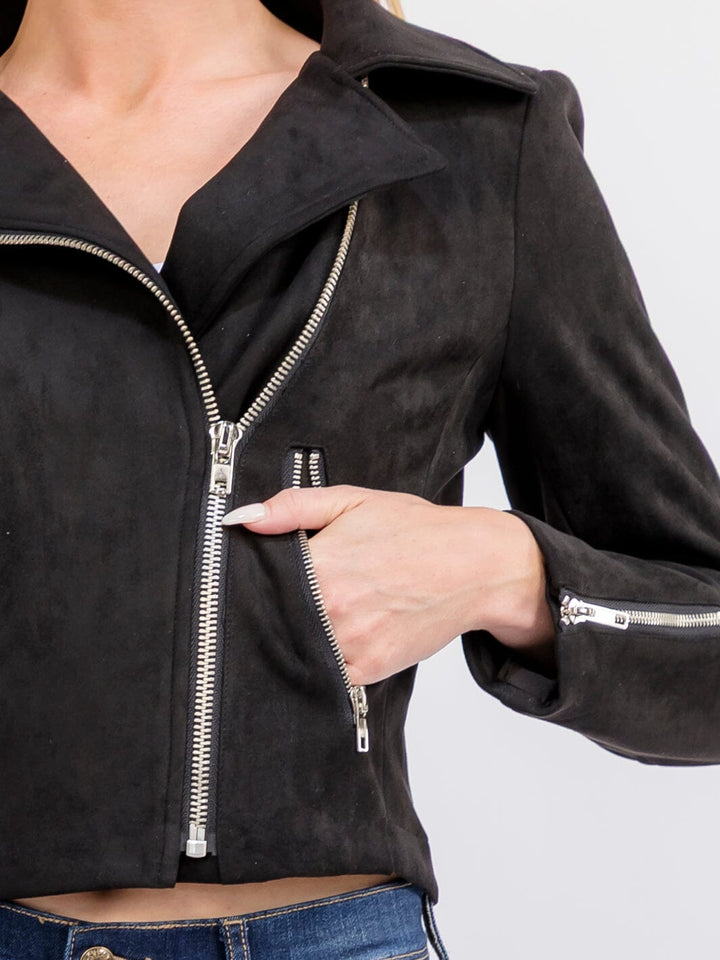 WOMEN'S LONG SLEEVE ZIP UP FRONT POCKETS SUEDE JACKET