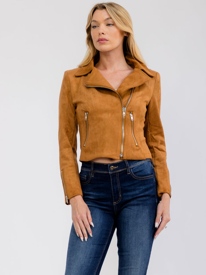 WOMEN'S LONG SLEEVE ZIP UP FRONT POCKETS SUEDE JACKET
