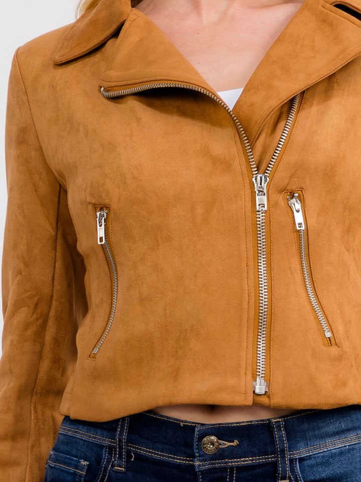 WOMEN'S LONG SLEEVE ZIP UP FRONT POCKETS SUEDE JACKET