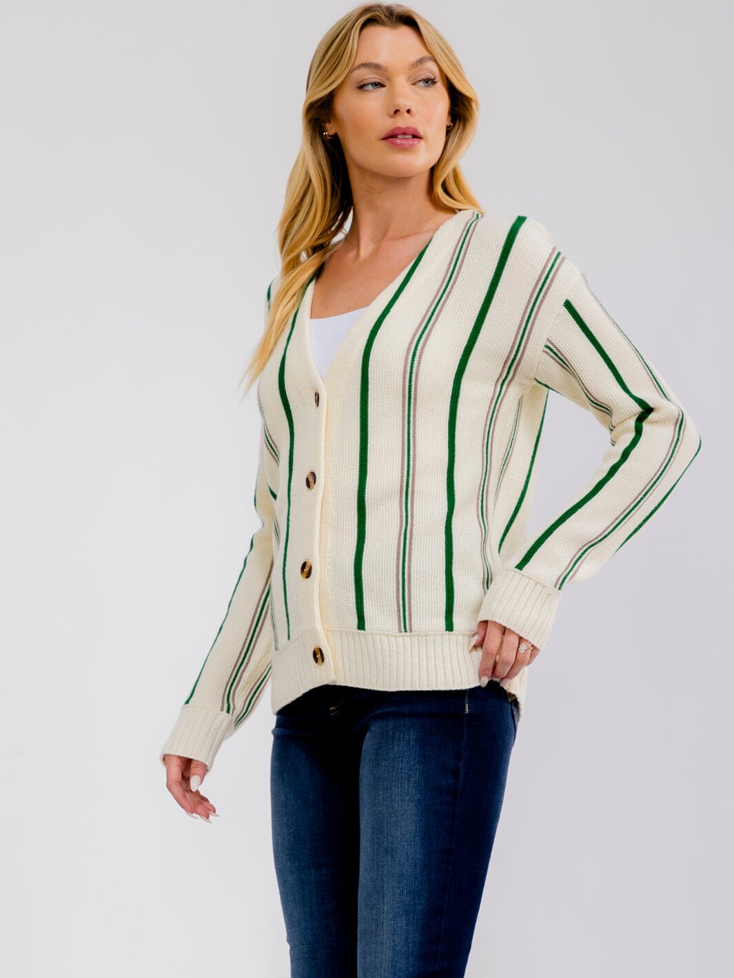 WOMEN'S LONG SLEEVE BUTTON CLOSURE COLORBLOCK STRIPES SWEATER
