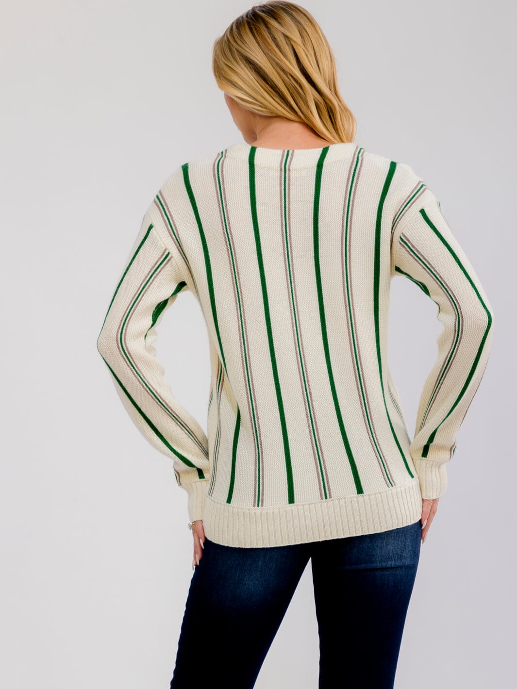 WOMEN'S LONG SLEEVE BUTTON CLOSURE COLORBLOCK STRIPES SWEATER