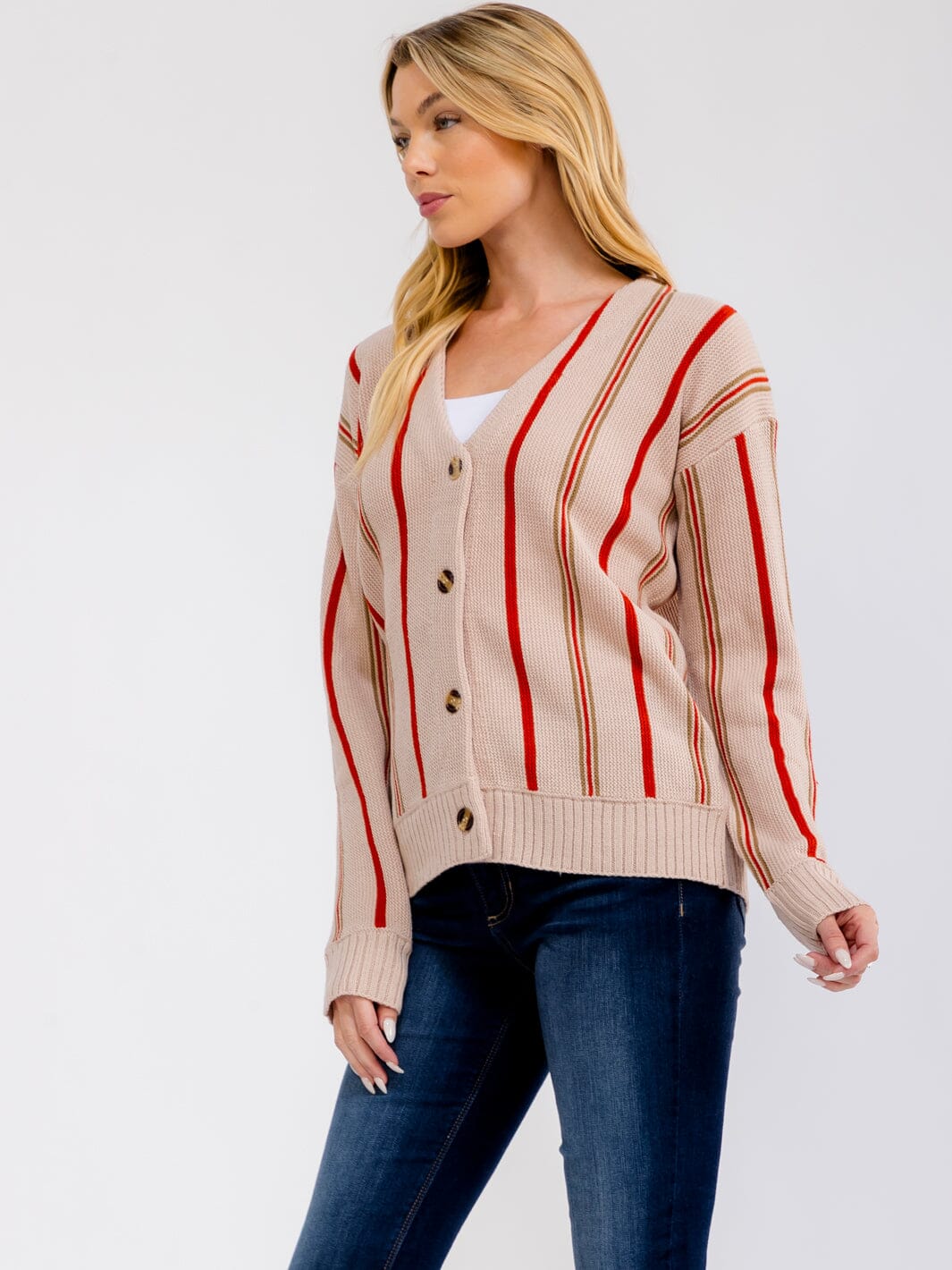 WOMEN'S LONG SLEEVE BUTTON CLOSURE COLORBLOCK STRIPES SWEATER