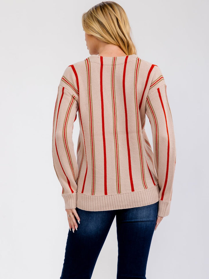 WOMEN'S LONG SLEEVE BUTTON CLOSURE COLORBLOCK STRIPES SWEATER