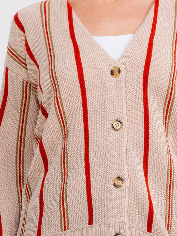 WOMEN'S LONG SLEEVE BUTTON CLOSURE COLORBLOCK STRIPES SWEATER