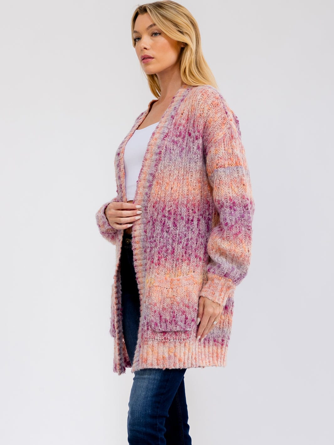 WOMEN'S LONG SLEEVE OPEN FRONT POCKETS MULTI CARDIGAN