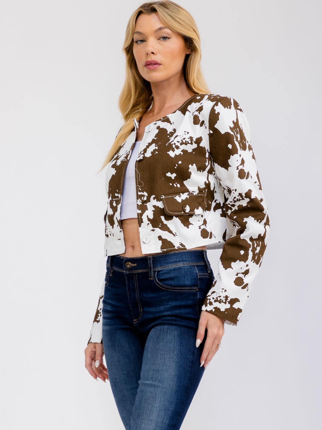 WOMEN'S LONG SLEEVE BUTTON UP ANIMAL PRINT DENIM JACKET