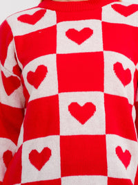WOMEN'S LONG SLEEVE HEARTS PRINT PULLOVER COLORBLOCK SWEATER