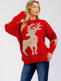 WOMEN'S LONG SLEEVE HOLIDAY PRINT SHIMMER PULLOVER SWEATER