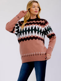 ***PLSU SIZE LONG SLEEVE MULTI PRINT PULLOVER SWEATER