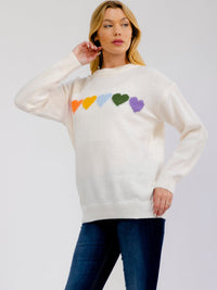 WOMEN'S LONG SLEEVE HEARTS PRINT PULLOVER SWEATER