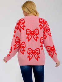 WOMEN'S LONG SLEEVE BOWS GRAPHIC PULLOVER SWEATER