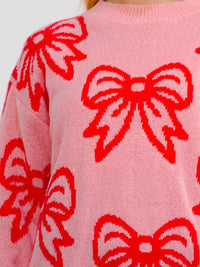 WOMEN'S LONG SLEEVE BOWS GRAPHIC PULLOVER SWEATER