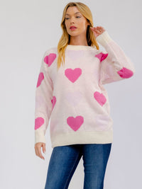 ****PLUS SIZE LONG SLEEVE HEARTS PRINT PULLOVER COLORBLOCK SWEATER