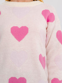 WOMEN'S LONG SLEEVE HEARTS PRINT PULLOVER COLORBLOCK SWEATER