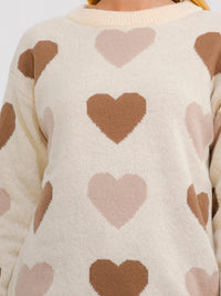 WOMEN'S LONG SLEEVE HEARTS PRINT PULLOVER COLORBLOCK SWEATER