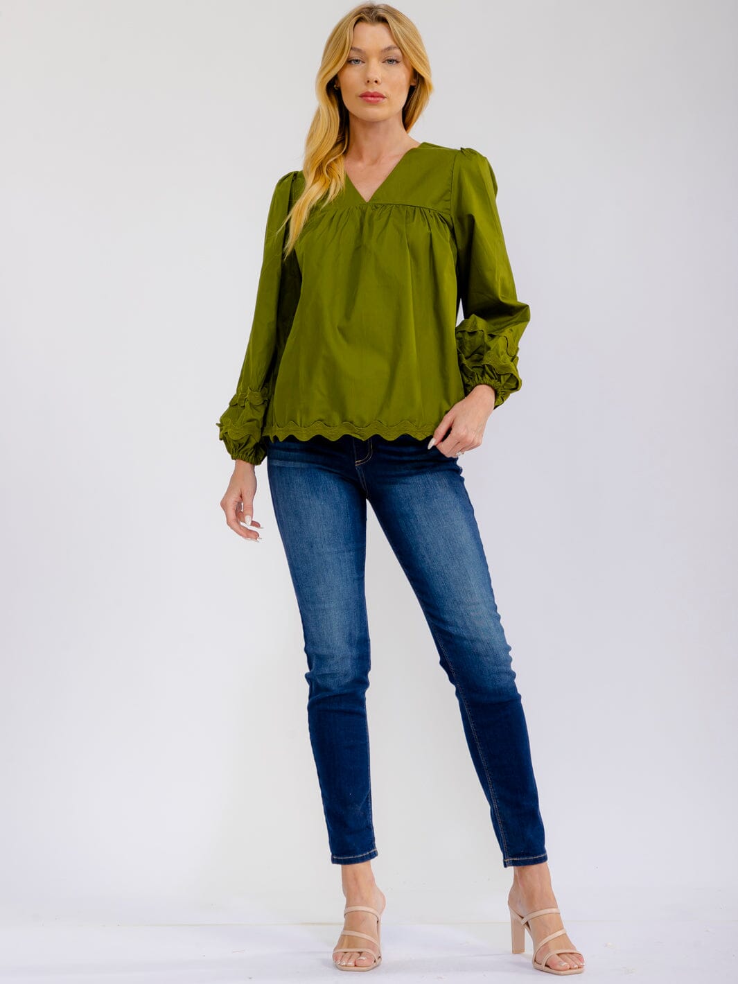 WOMEN'S LONG SLEEVE V-NECK TRIM DETAILED TUNIC BLOUSE