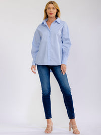 WOMEN'S LONG SLEEVE V-NECK BUTTON UP HIGH-LOW SHIRT