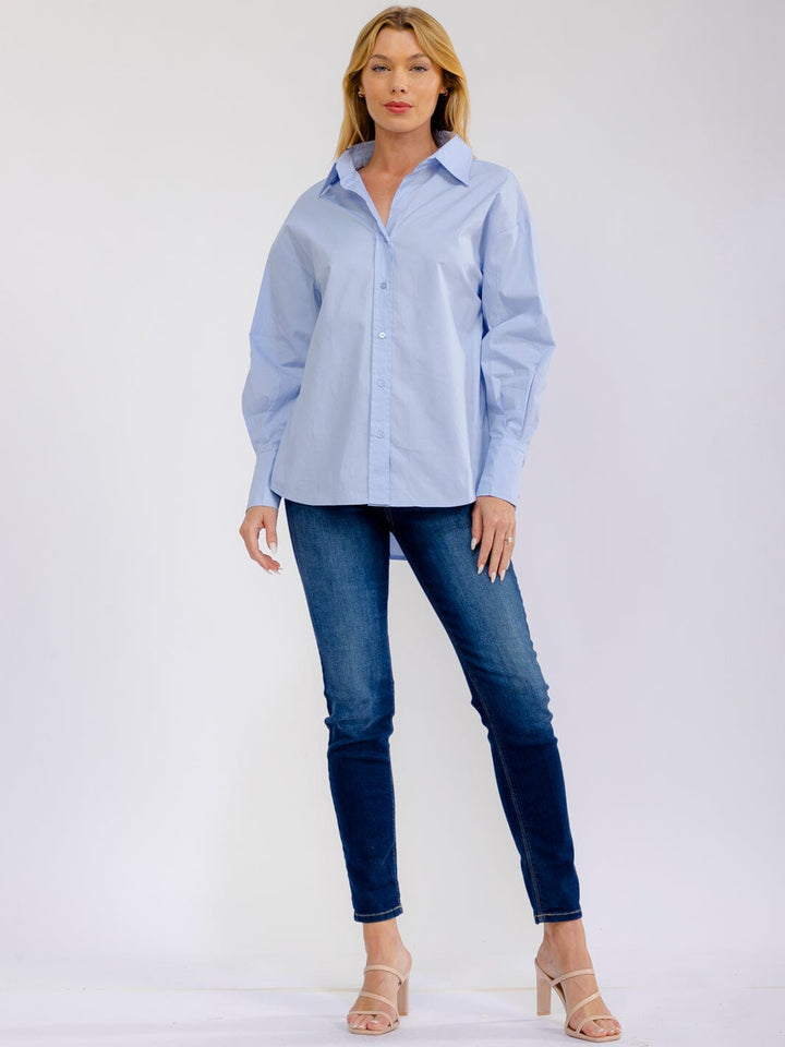 WOMEN'S LONG SLEEVE V-NECK BUTTON UP HIGH-LOW SHIRT