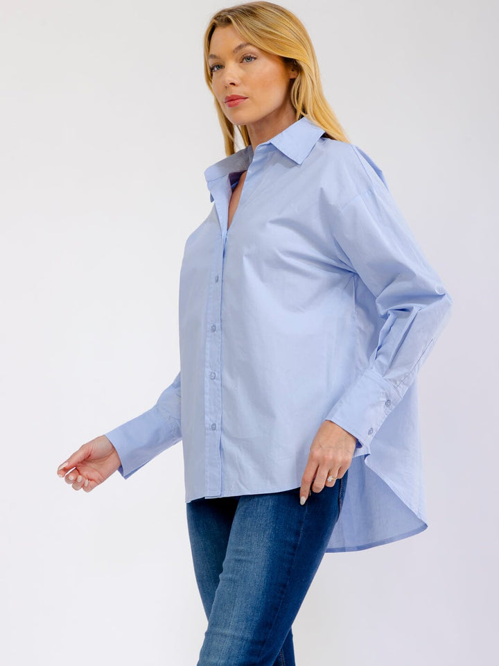 WOMEN'S LONG SLEEVE V-NECK BUTTON UP HIGH-LOW SHIRT