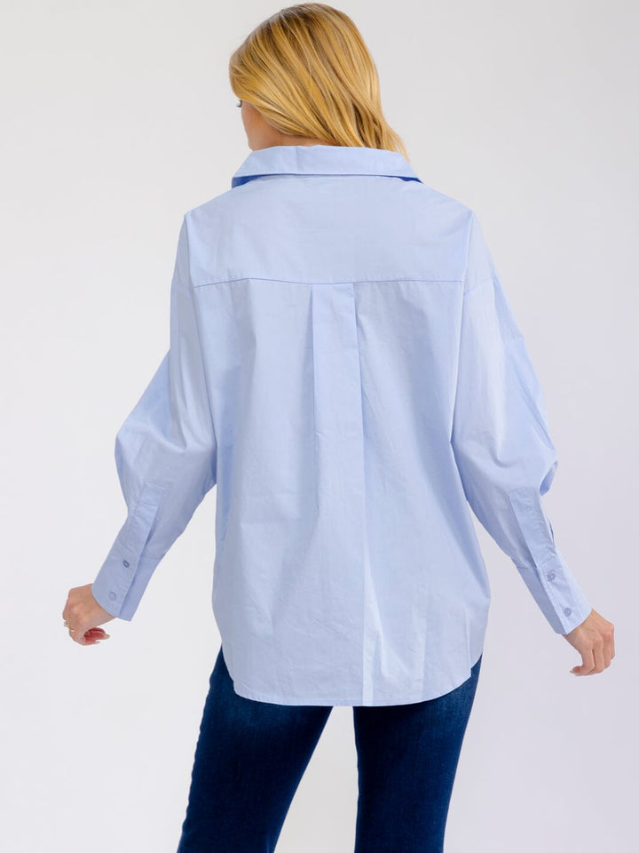 WOMEN'S LONG SLEEVE V-NECK BUTTON UP HIGH-LOW SHIRT