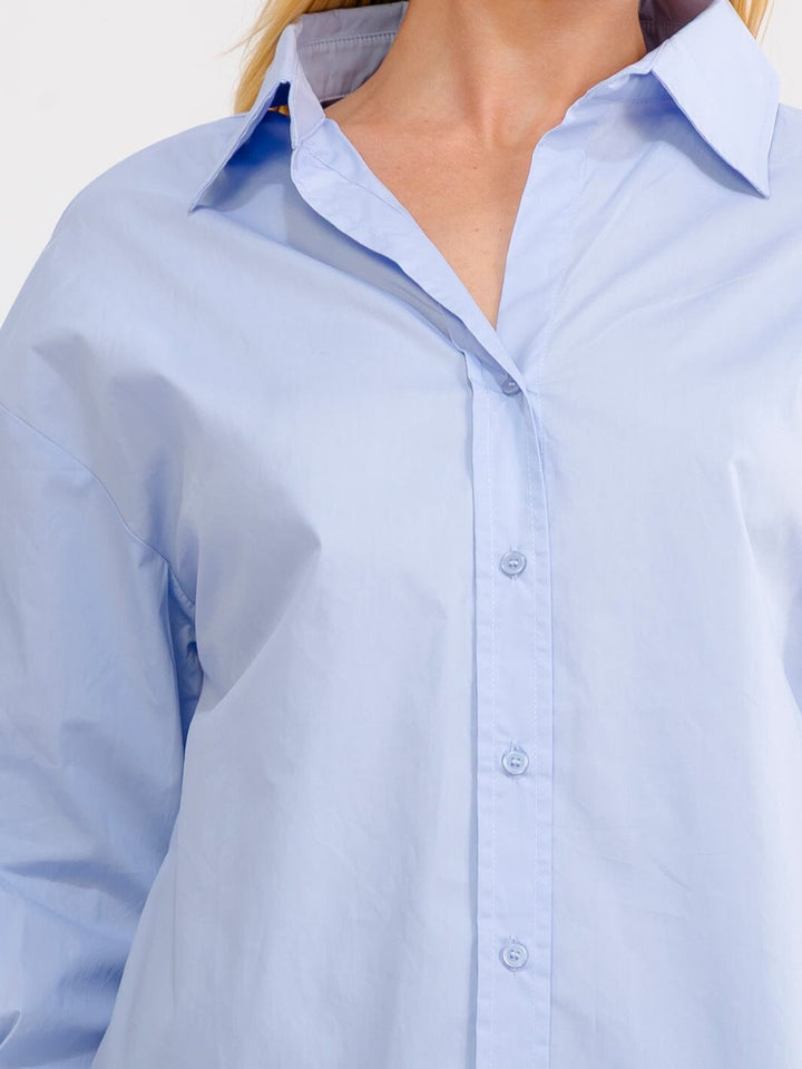 WOMEN'S LONG SLEEVE V-NECK BUTTON UP HIGH-LOW SHIRT