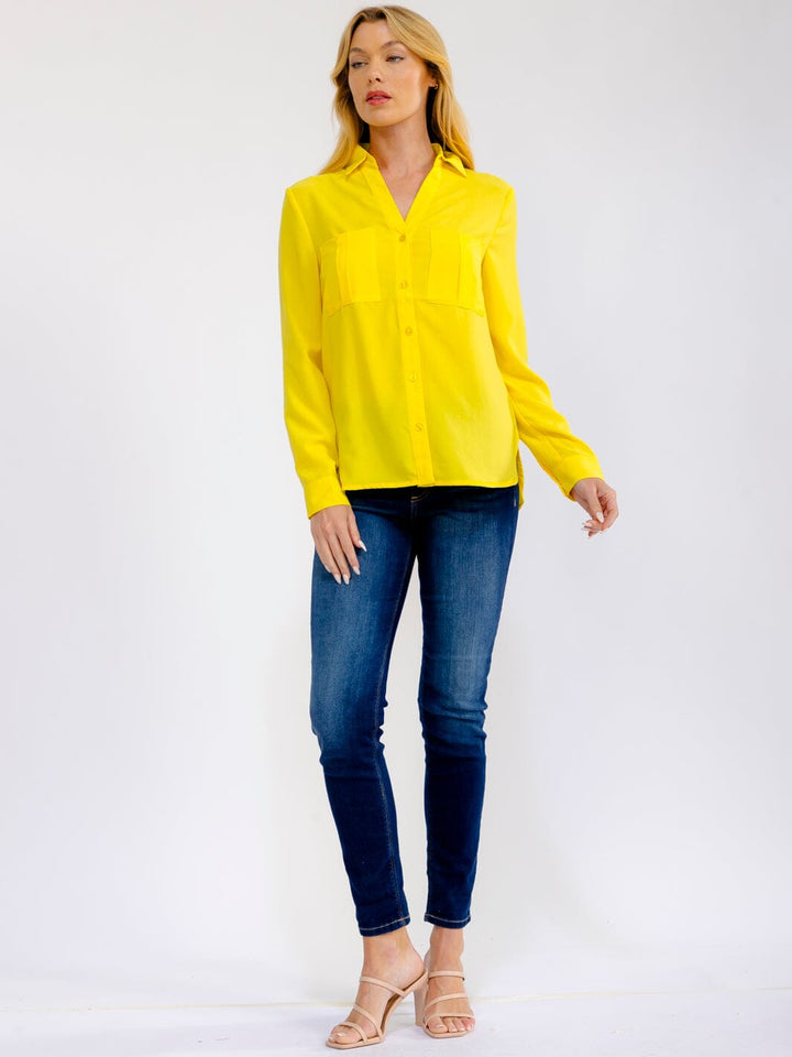 WOMEN'S LONG SLEEVE BUTTON UP FRONT POCKETS BLOUSE