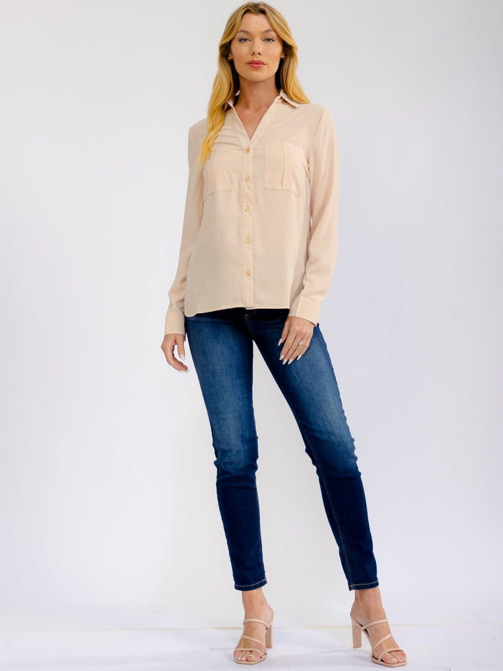 WOMEN'S LONG SLEEVE BUTTON UP FRONT POCKETS BLOUSE