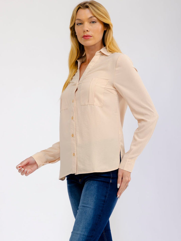 WOMEN'S LONG SLEEVE BUTTON UP FRONT POCKETS BLOUSE