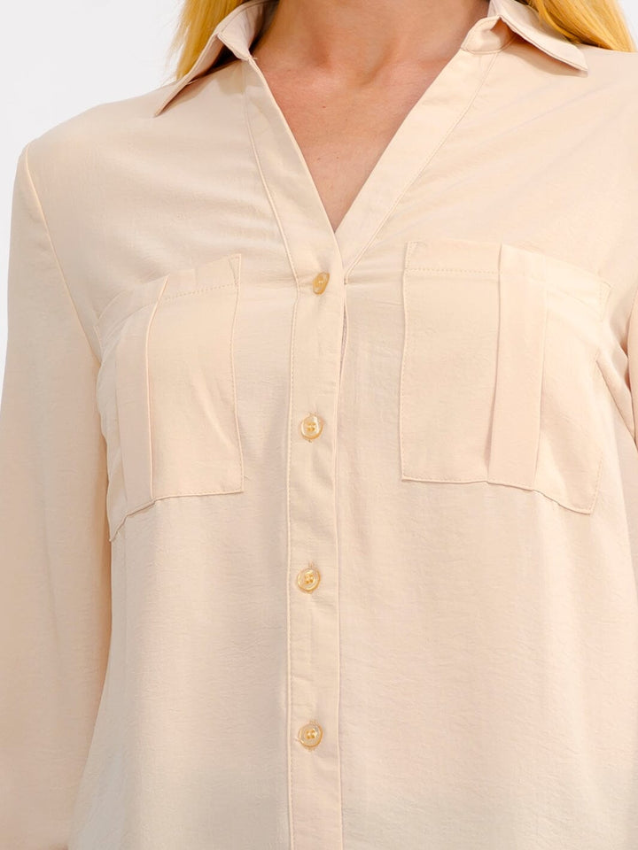 WOMEN'S LONG SLEEVE BUTTON UP FRONT POCKETS BLOUSE