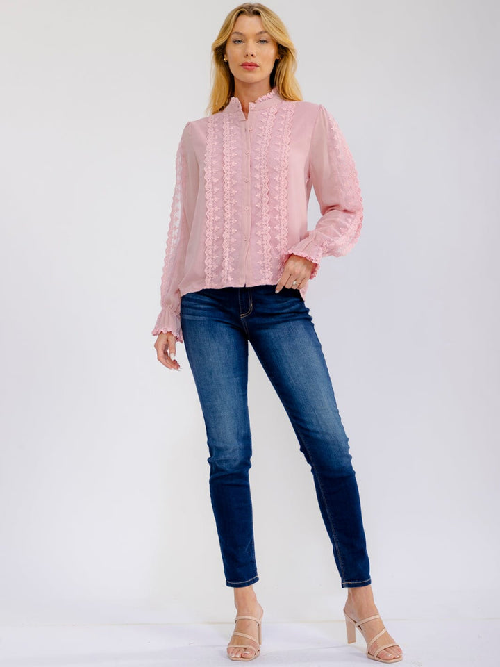 WOMEN'S LONG SLEEVE V-NECK BUTTON UP EMBROIDERY DETAILED BLOUSE