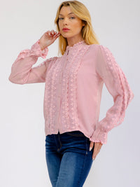 WOMEN'S LONG SLEEVE V-NECK BUTTON UP EMBROIDERY DETAILED BLOUSE