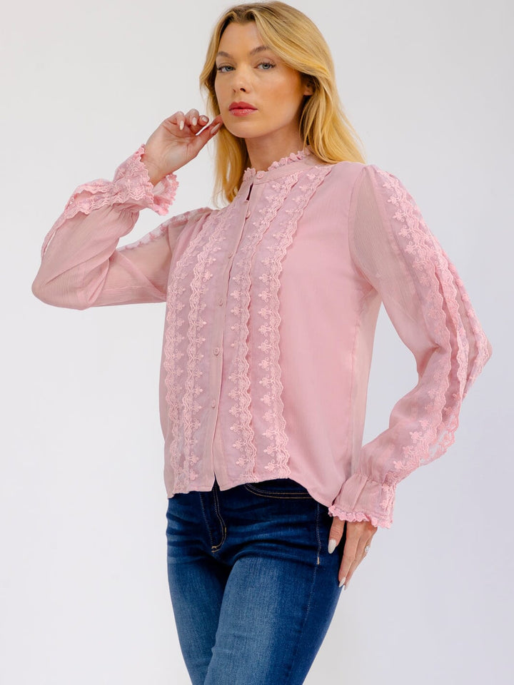 WOMEN'S LONG SLEEVE V-NECK BUTTON UP EMBROIDERY DETAILED BLOUSE
