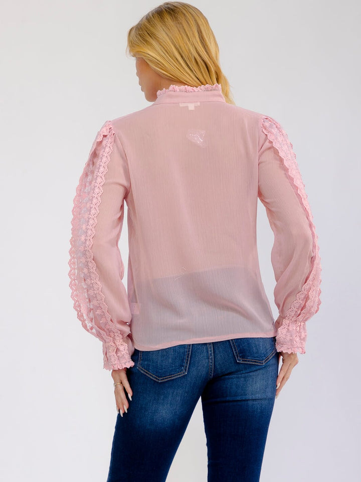 WOMEN'S LONG SLEEVE V-NECK BUTTON UP EMBROIDERY DETAILED BLOUSE