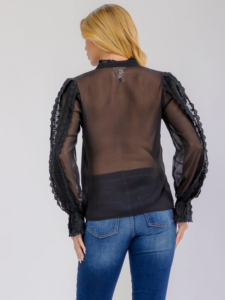 WOMEN'S LONG SLEEVE V-NECK BUTTON UP EMBROIDERY DETAILED BLOUSE