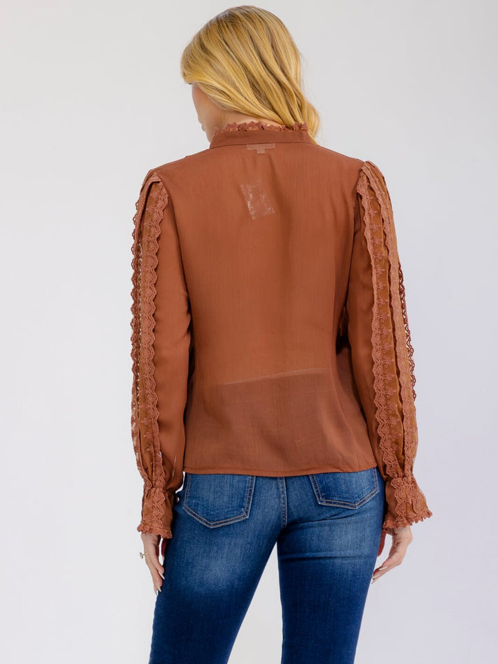 WOMEN'S LONG SLEEVE V-NECK BUTTON UP EMBROIDERY DETAILED BLOUSE