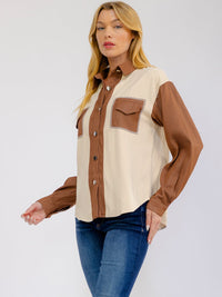 WOMEN'S LONG SLEEVE BUTTON UP COLORBLOCK SHIRT