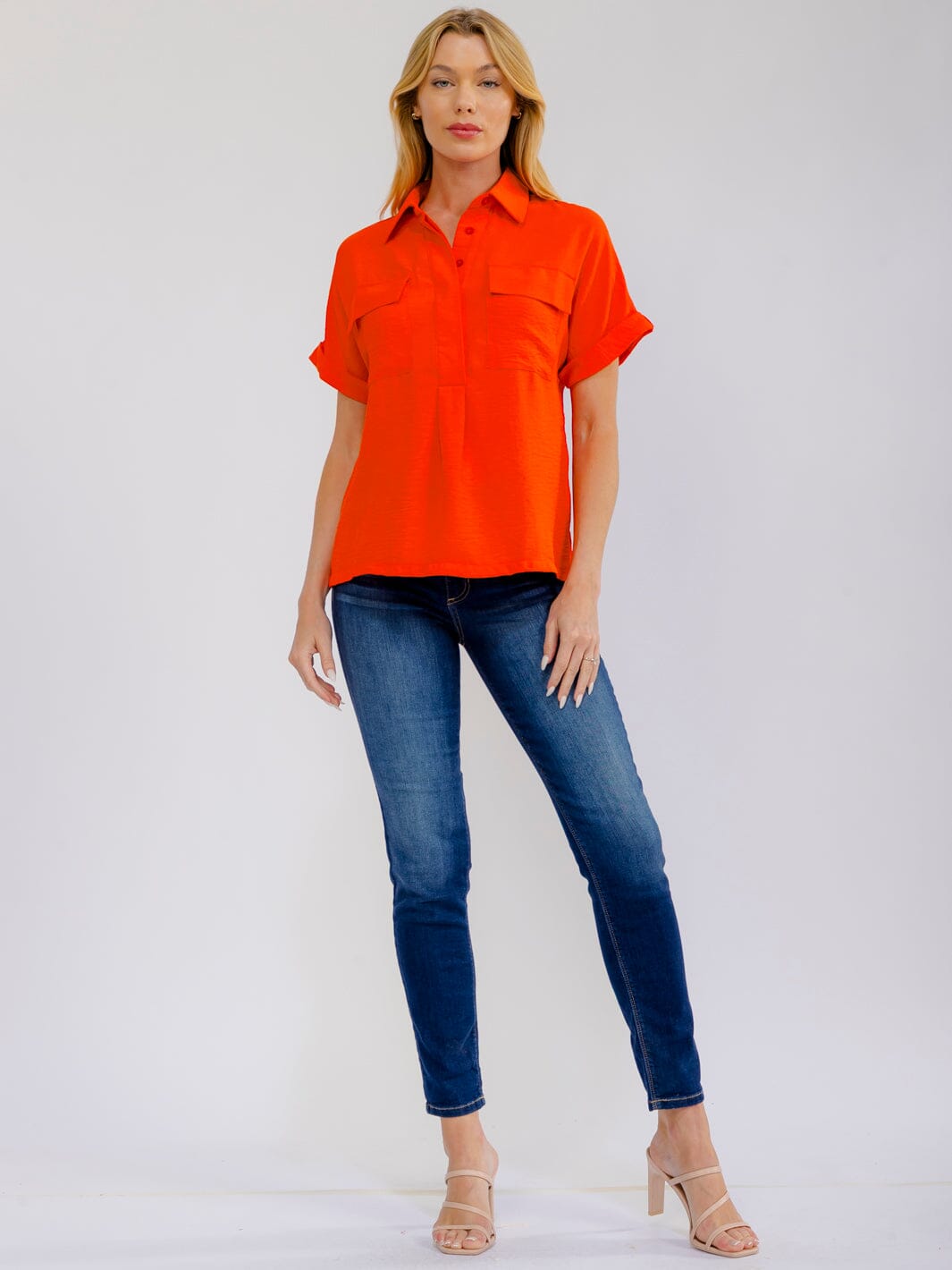 WOMEN'S SHORT SLEEVE BUTTON UP FRONT POCKETS BLOUSE