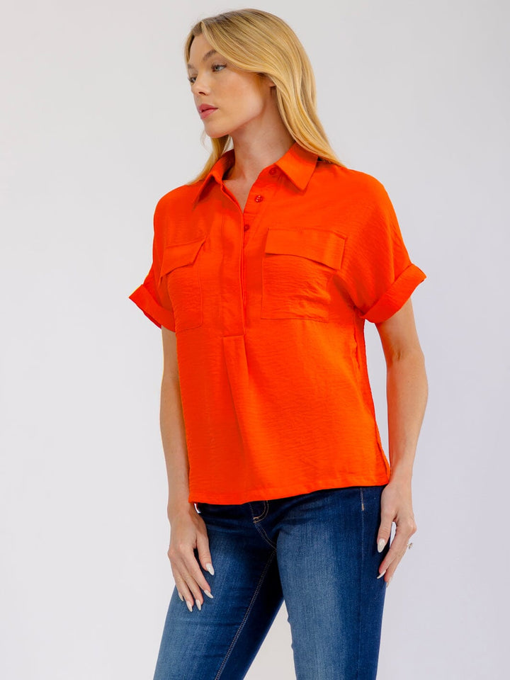 WOMEN'S SHORT SLEEVE BUTTON UP FRONT POCKETS BLOUSE
